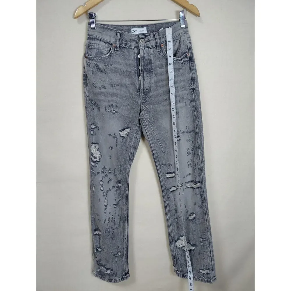 Zara Gray Acid Wash Distressed Button Fly Straight Leg Jeans Women Size 2